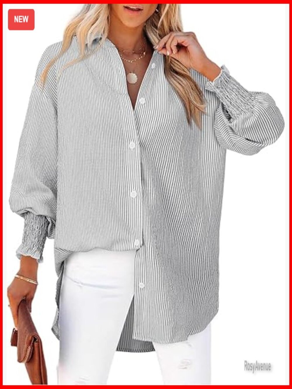 Oversized Striped Button Down Smocked Cuff Blouse Long Sleeve